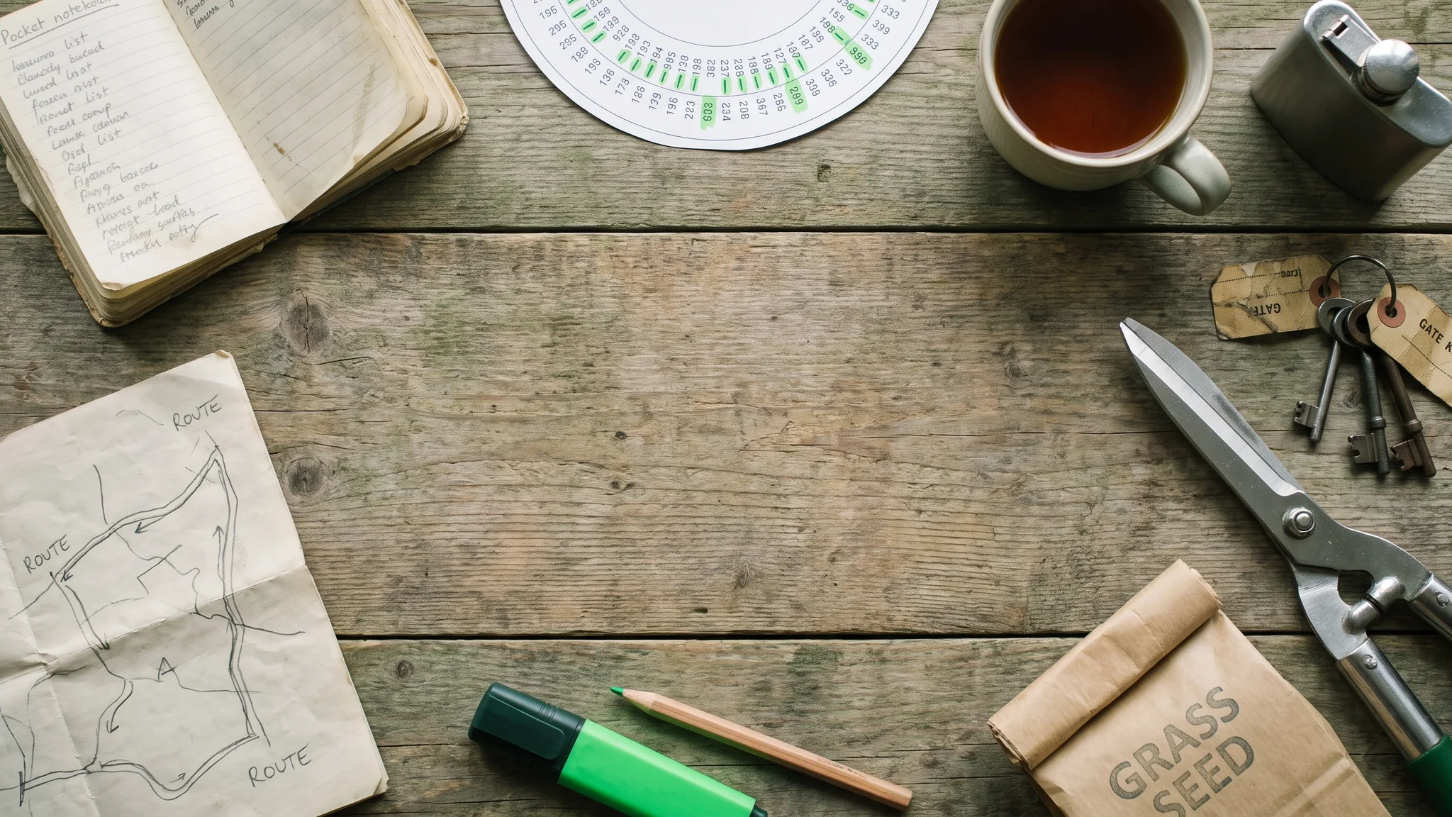 A pocket notebook holding a round of gardens on a wooden table, beside a paper round sheet marked in green highlighter, a hand-drawn route, tagged gate keys, hedge shears and a bag of grass seed.